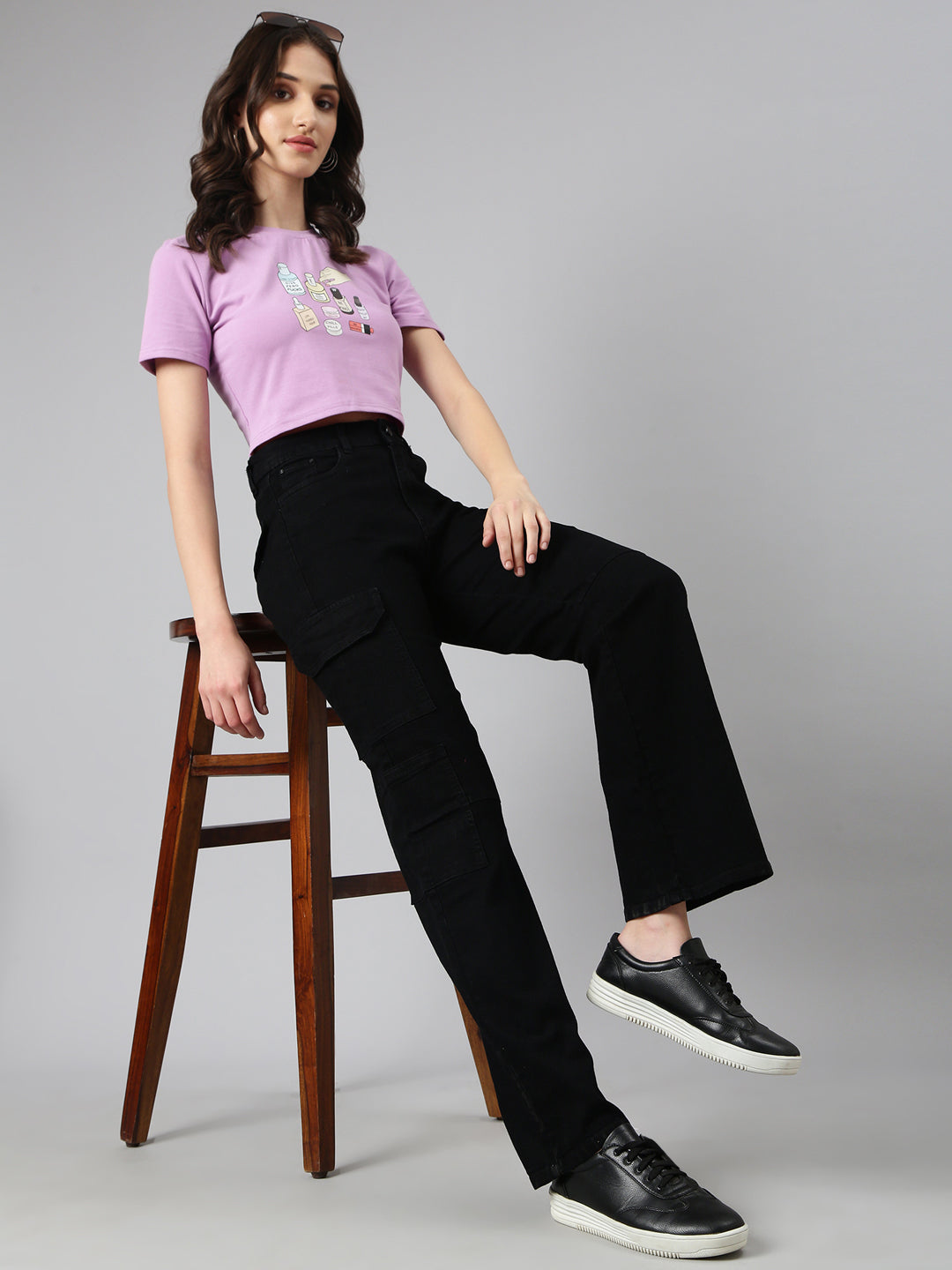 Women Lavender Typographic Crop Slim Fit Tshirt