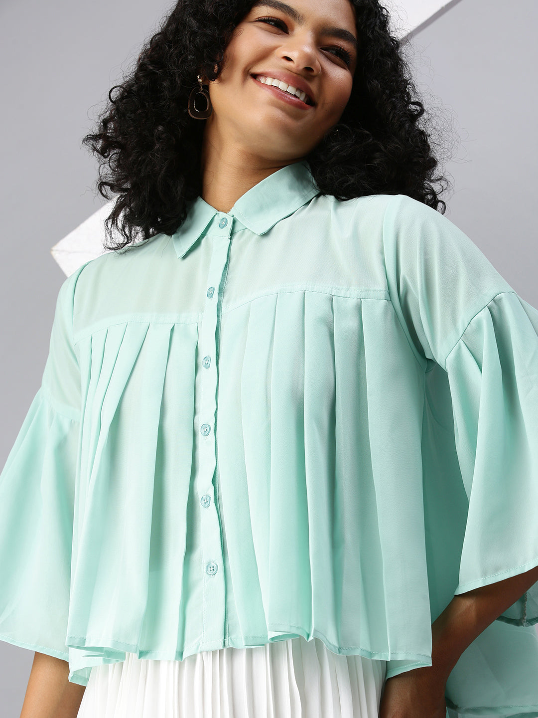 Women Sea Green Solid A-Line Top