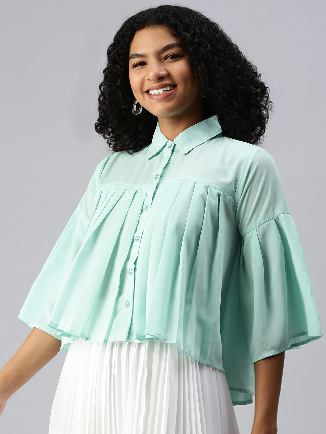 Women Sea Green Solid A-Line Top