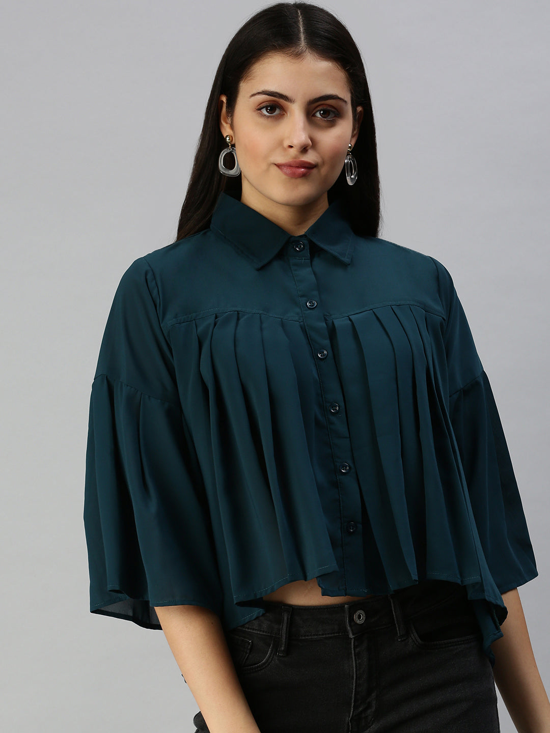 Women Teal Solid A-Line Top
