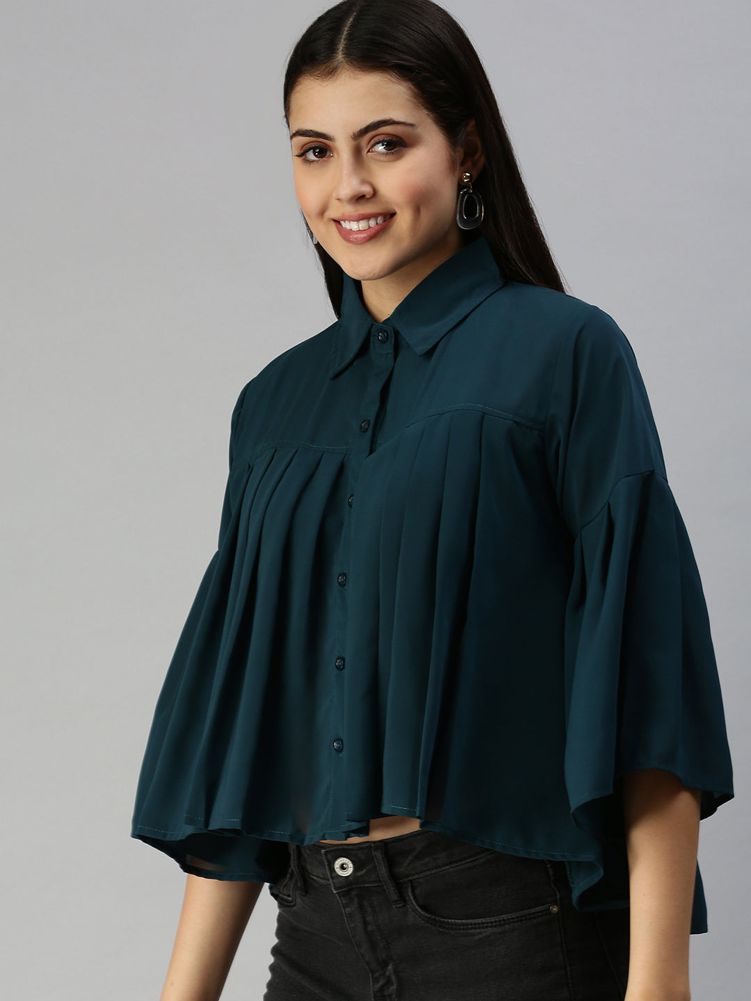 Women Teal Solid A-Line Top