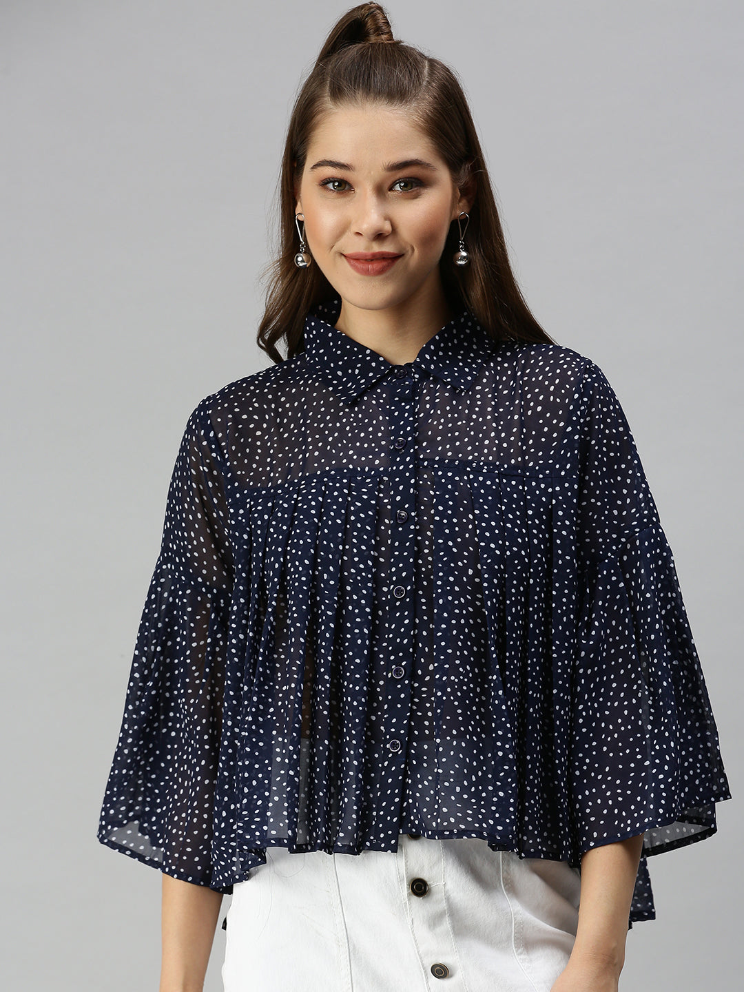 Women Navy Blue Self Design A-Line Top