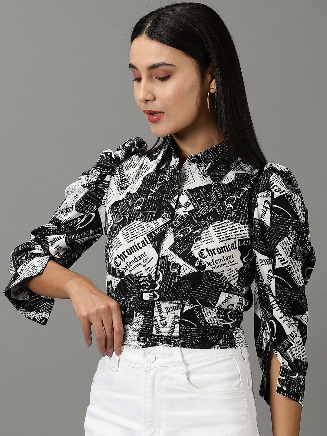 Women's Black Printed Shirt Style Crop Top