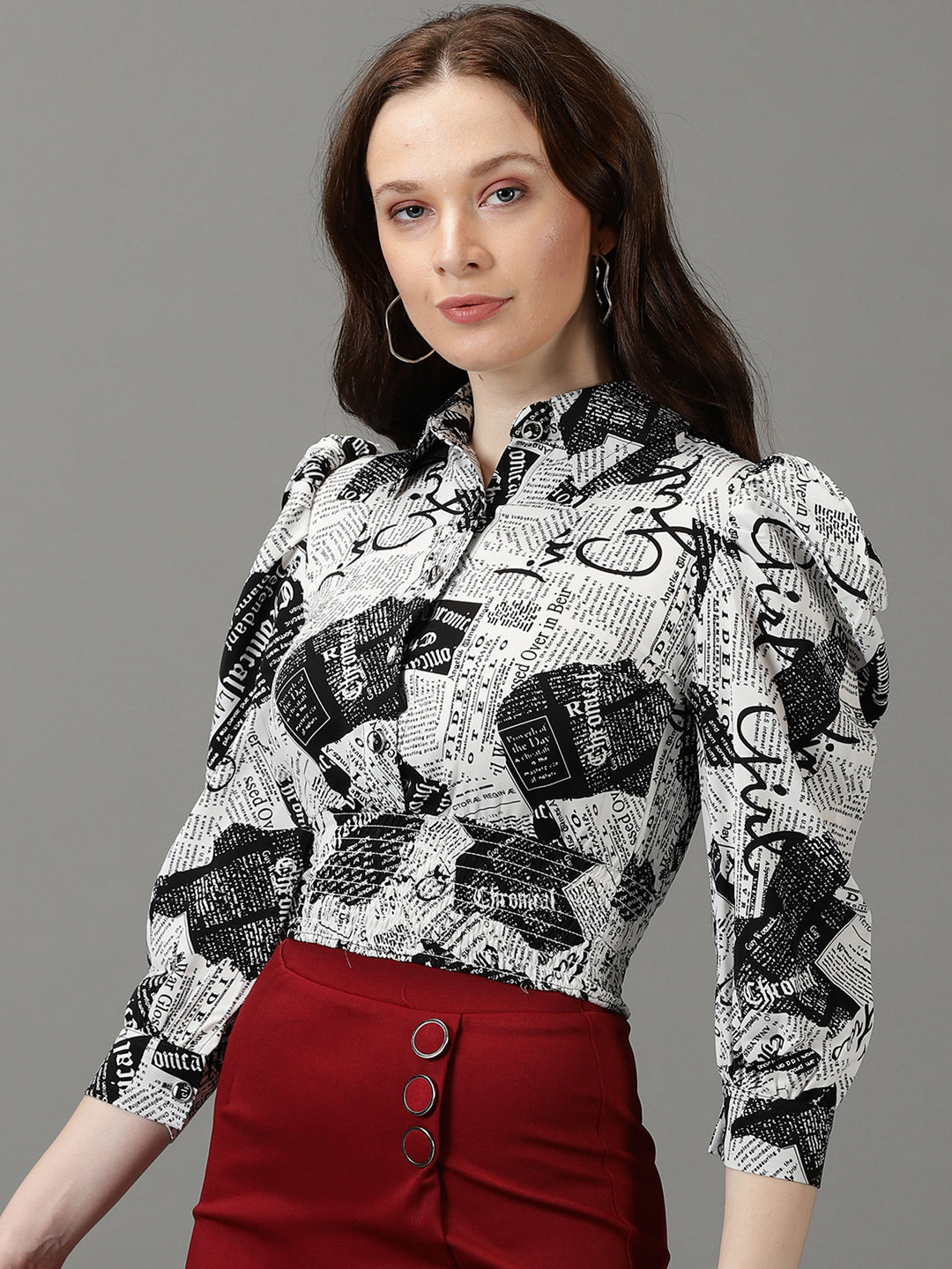 Women's White Printed Shirt Style Crop Top