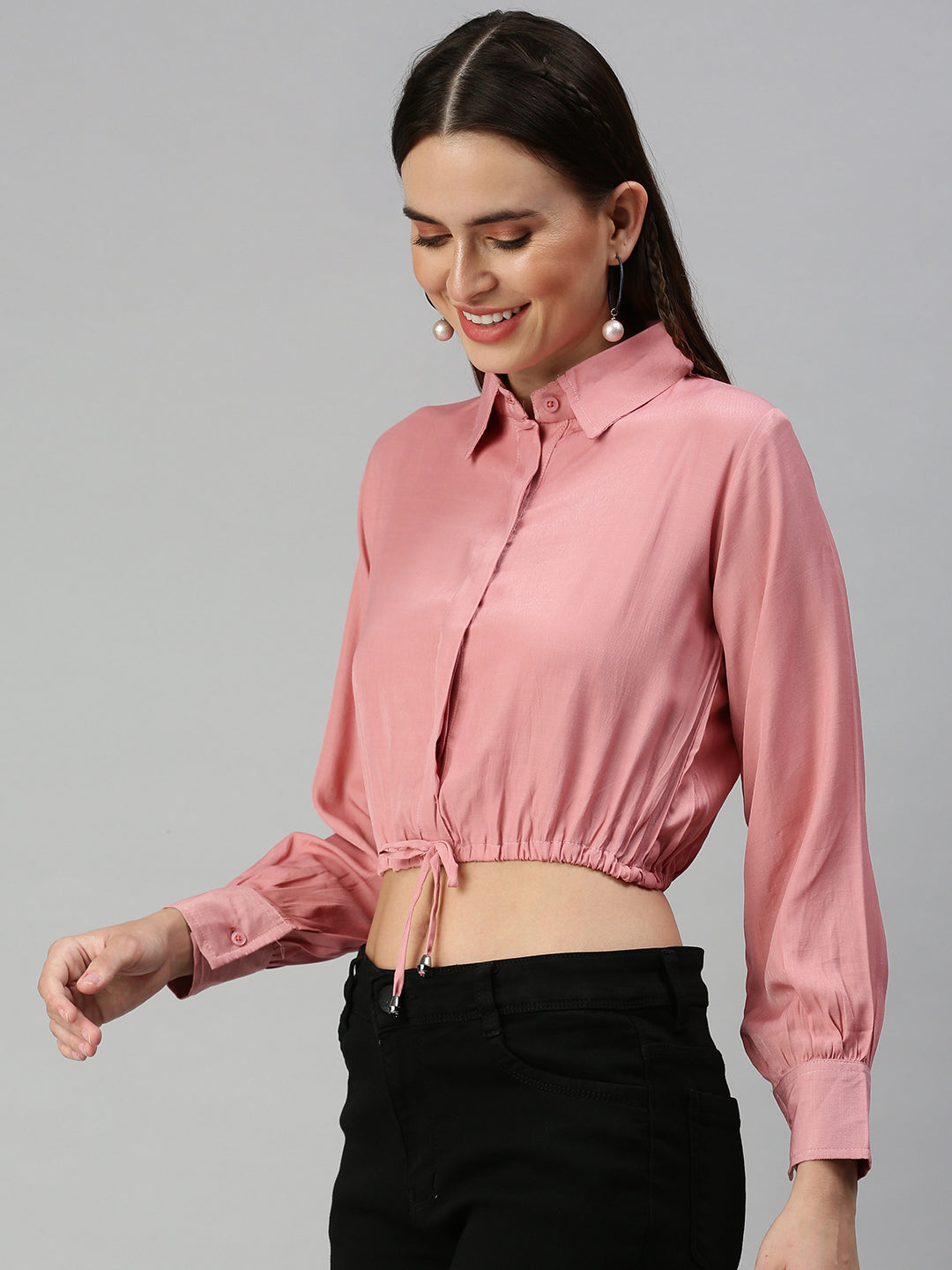 Women's Pink Solid Crop Tops