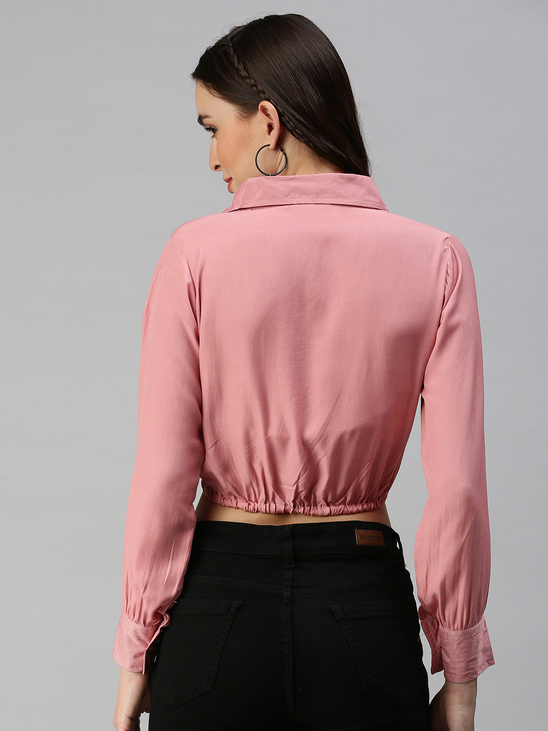 Women's Pink Solid Crop Tops