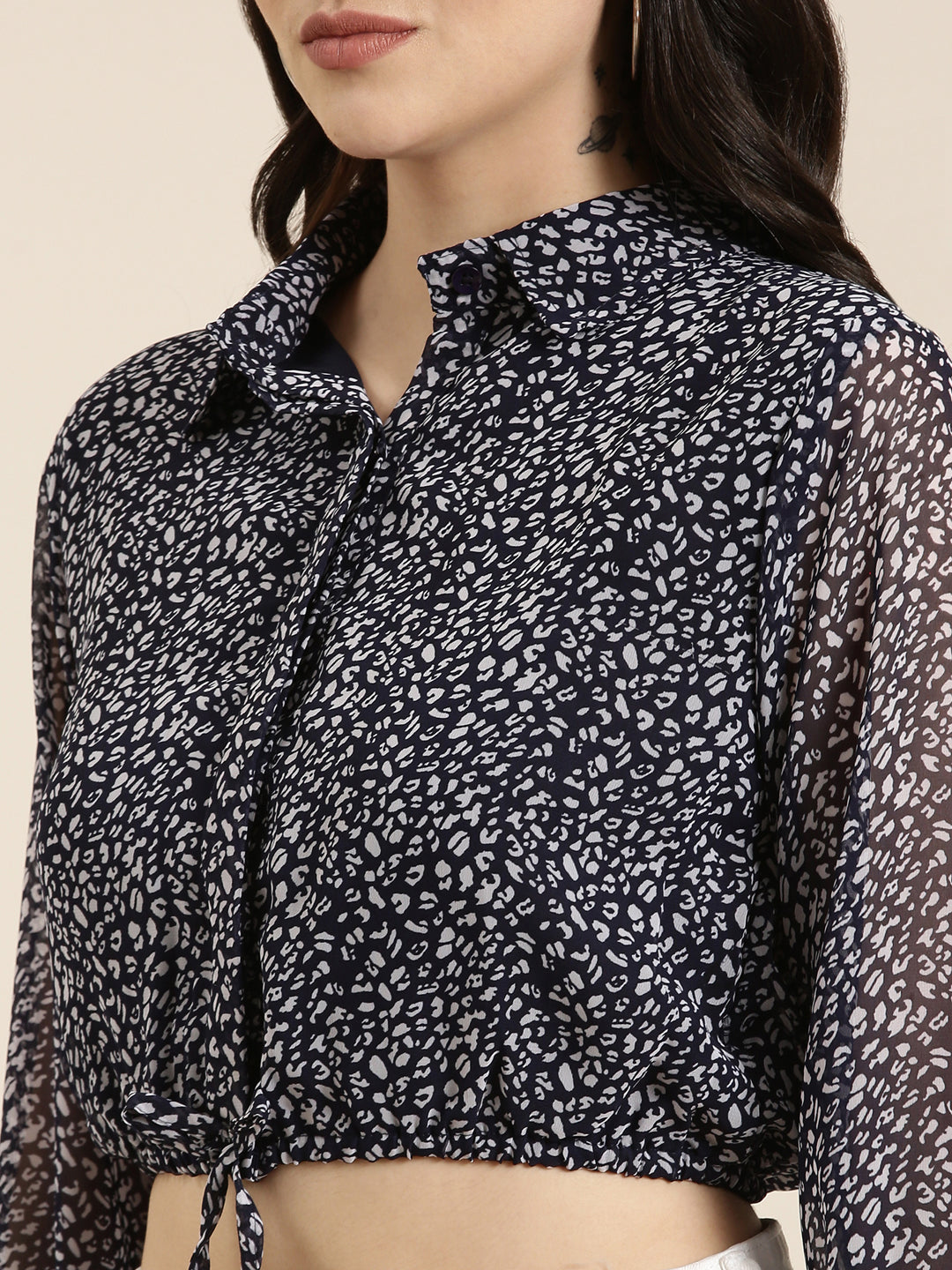 Women Navy Blue Printed Shirt Style Crop Top