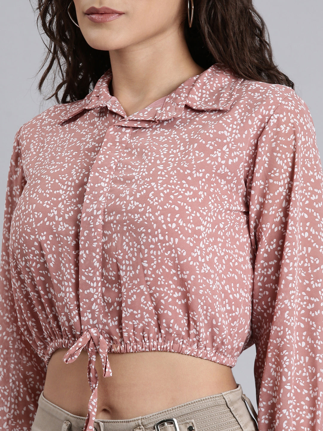 Women Mauve Printed Shirt StyleCrop Top