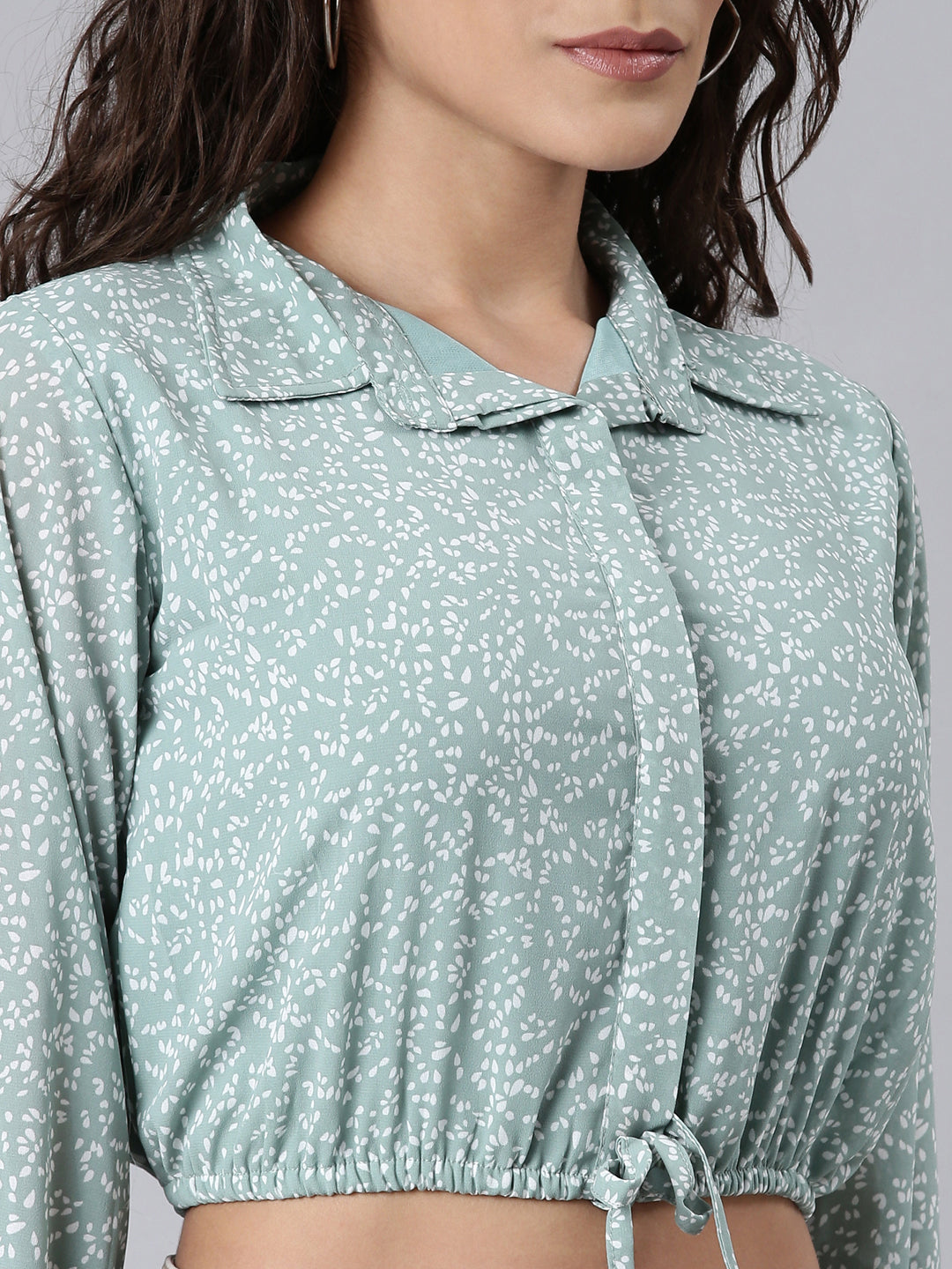 Women Sea Green Printed Shirt StyleCrop Top