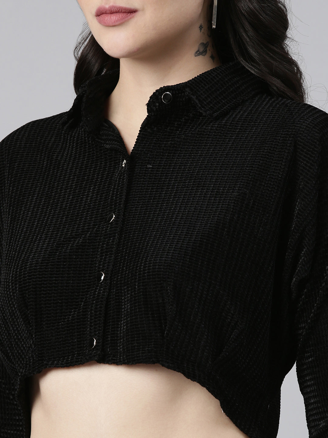 Shirt Collar Kimono Sleeves Self Design Black Crop Top