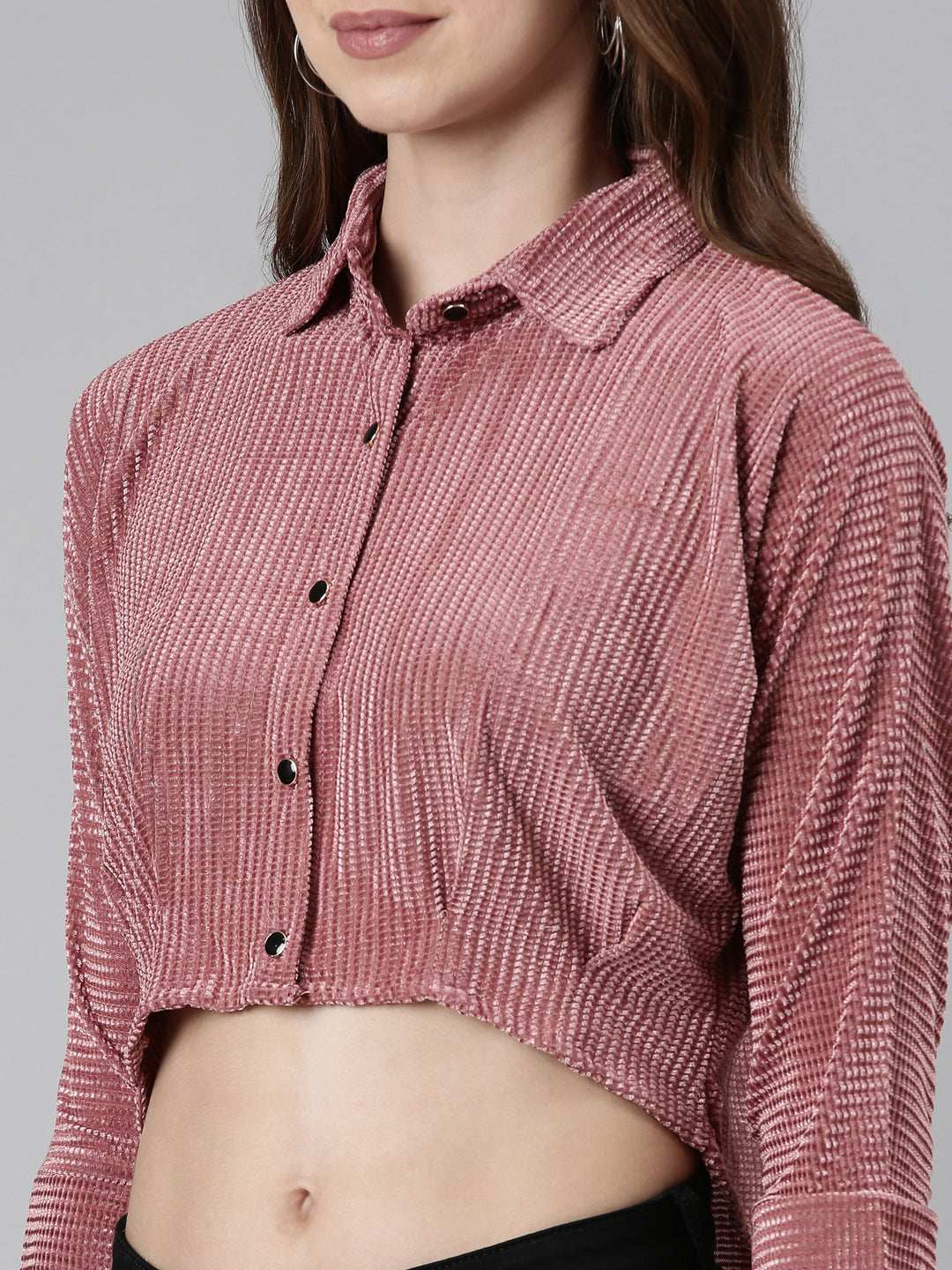 Shirt Collar Kimono Sleeves Self Design Mauve Crop Top