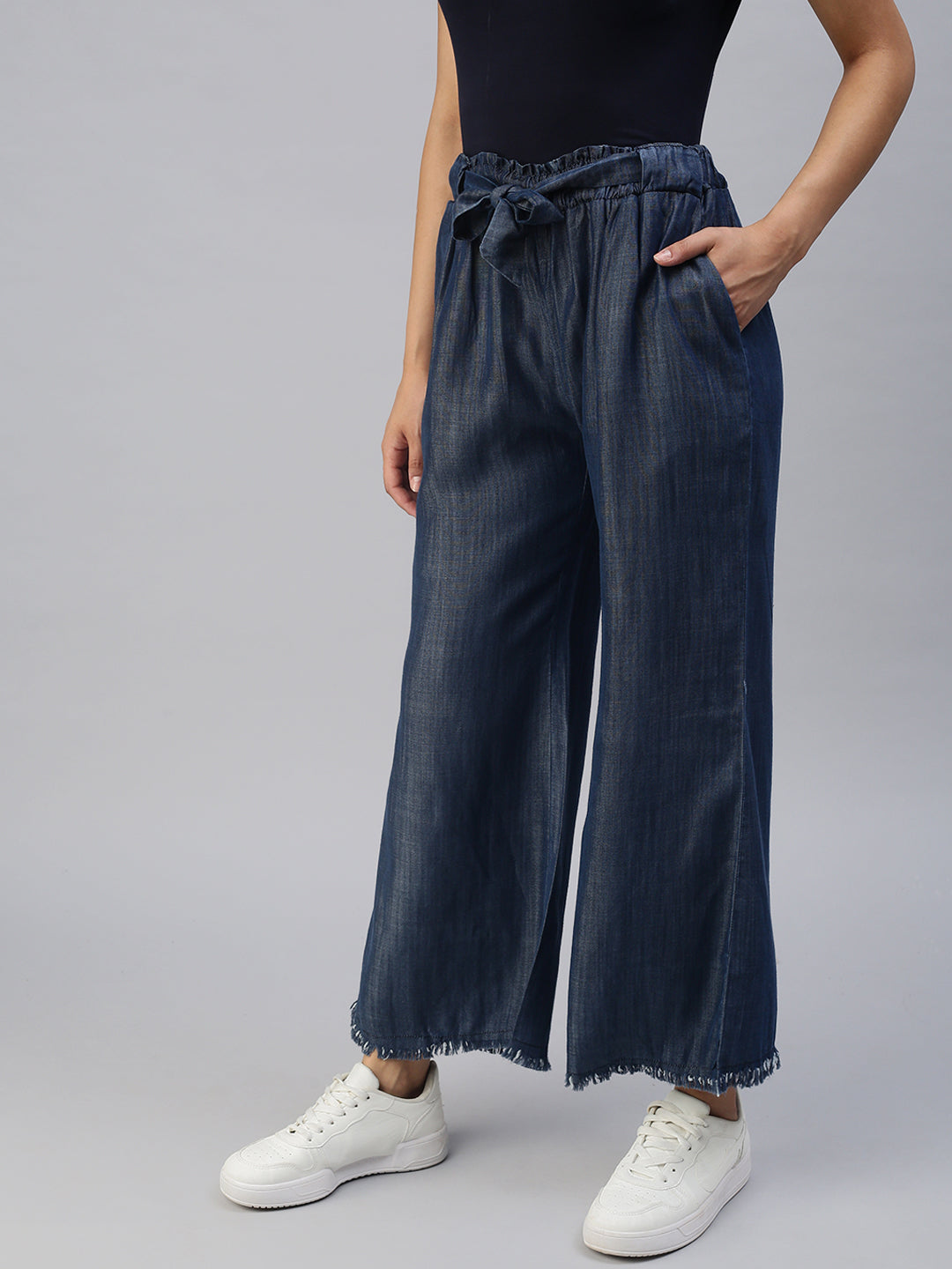 Women's Navy Blue Solid Parallel Trousers