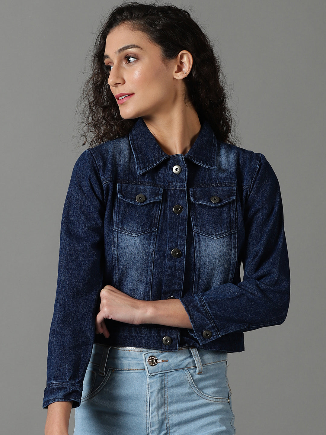 Women's Navy Blue Solid Denim Jacket