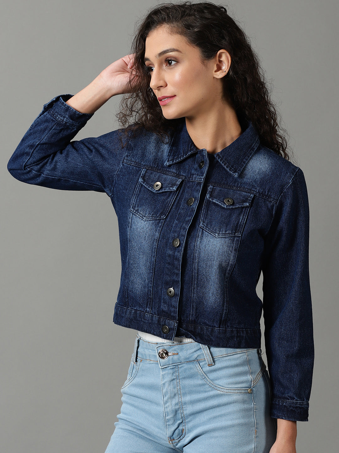 Women's Navy Blue Solid Denim Jacket