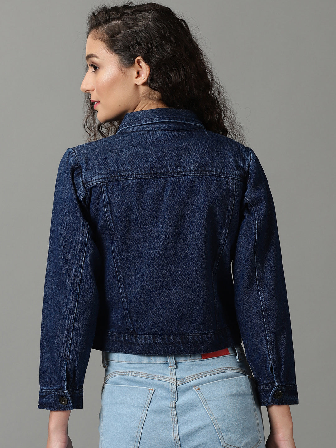 Women's Navy Blue Solid Denim Jacket