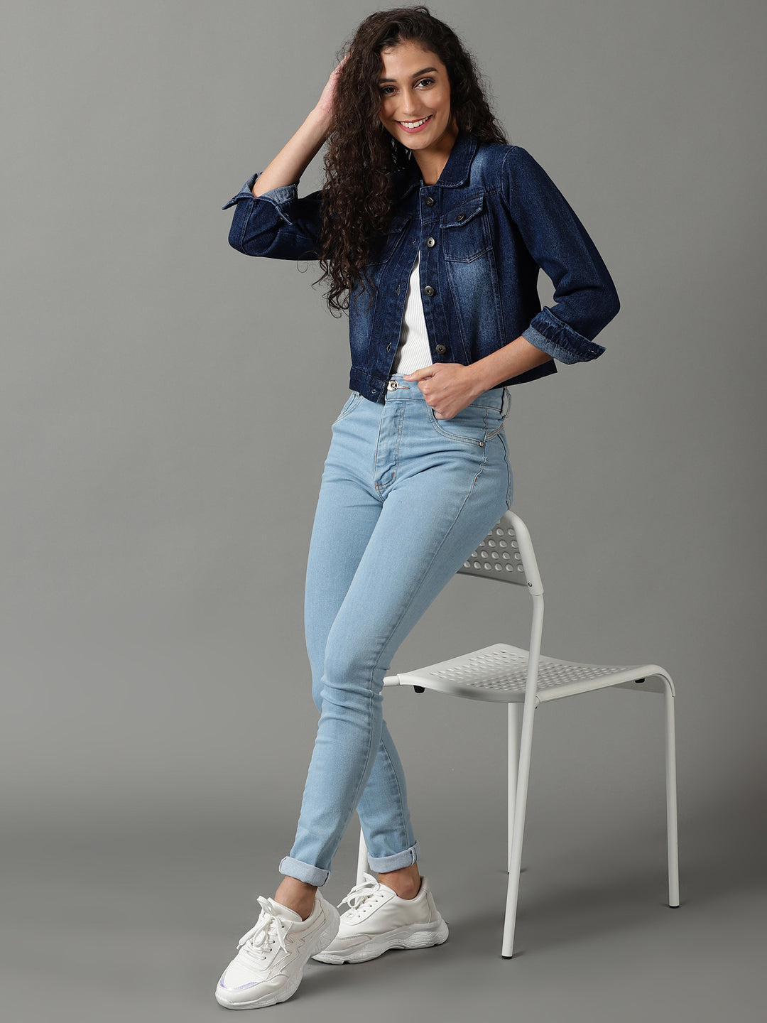 Women's Navy Blue Solid Denim Jacket