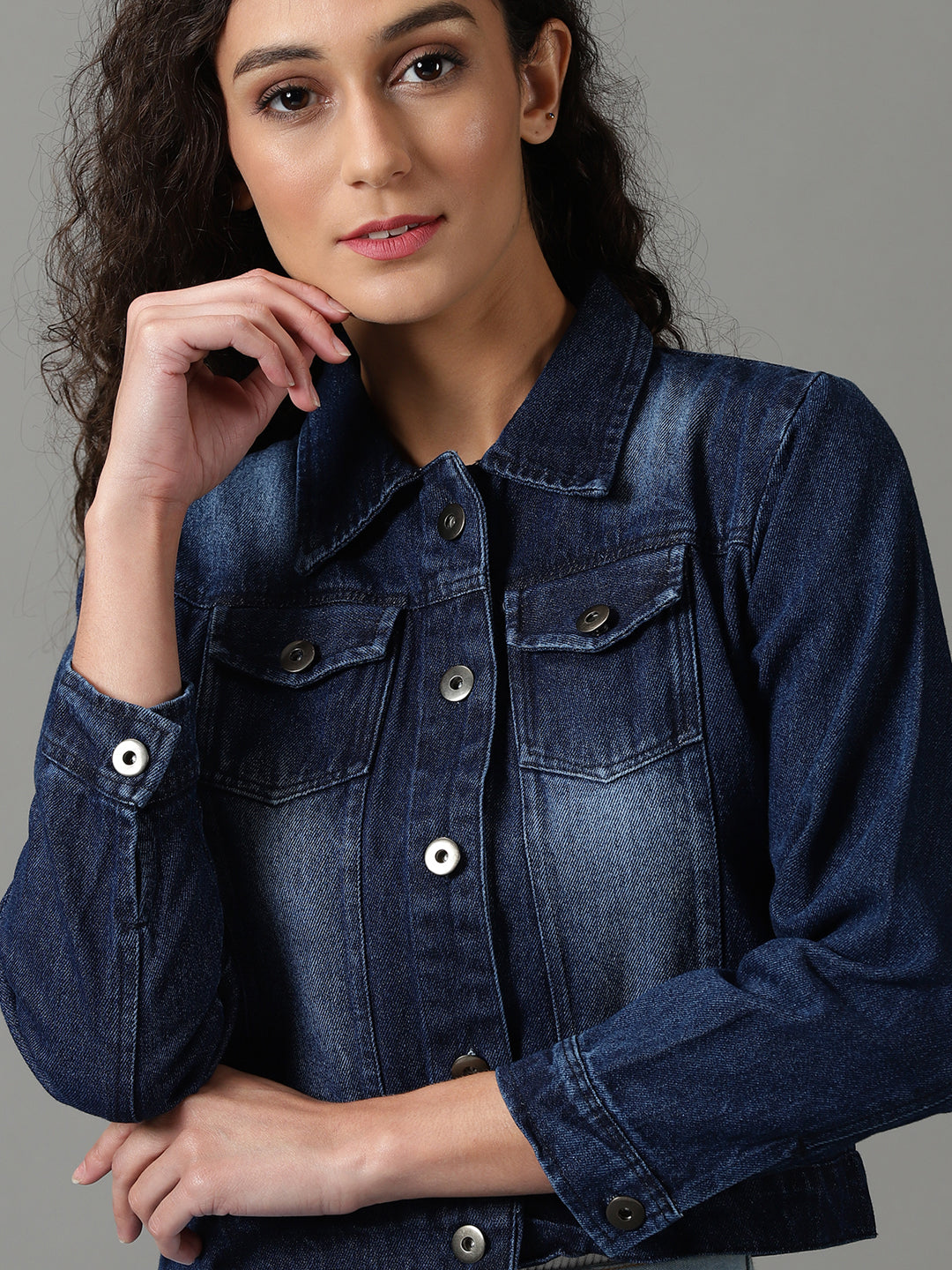 Women's Navy Blue Solid Denim Jacket