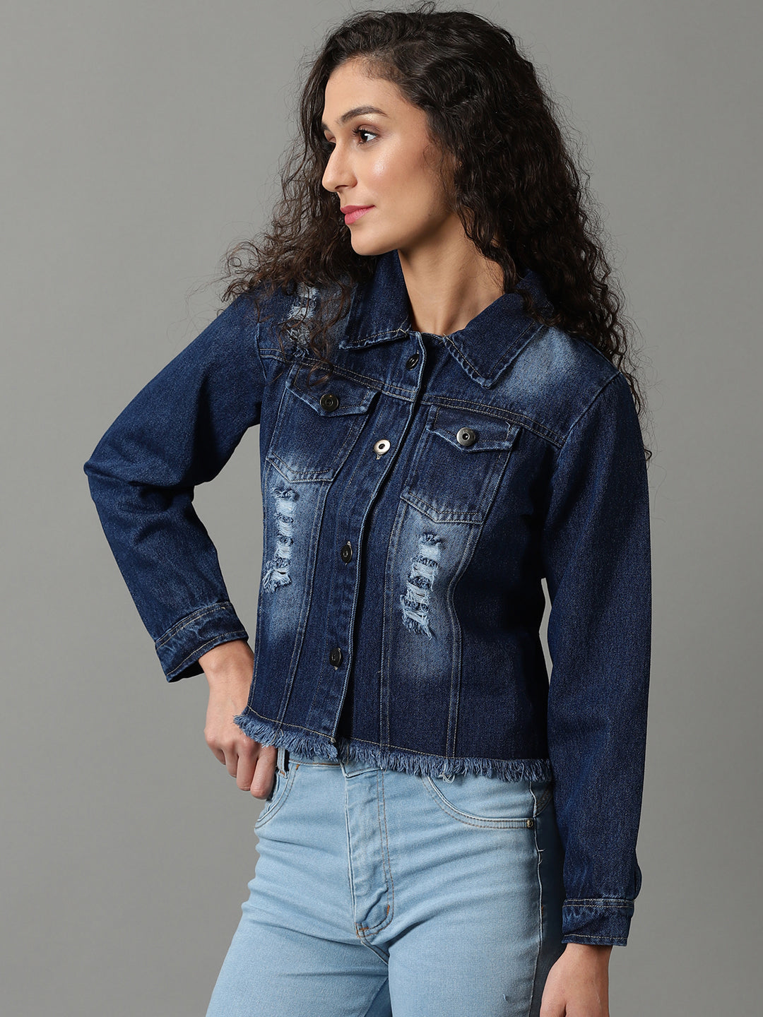 Women's Navy Blue Solid Denim Jacket