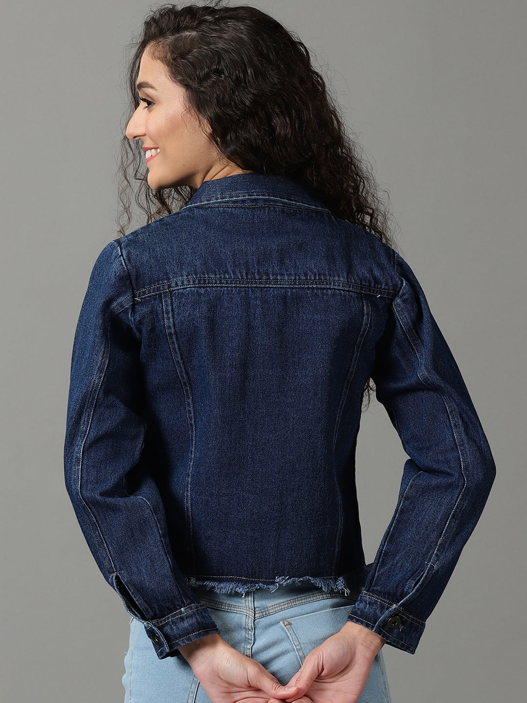 Women's Navy Blue Solid Denim Jacket