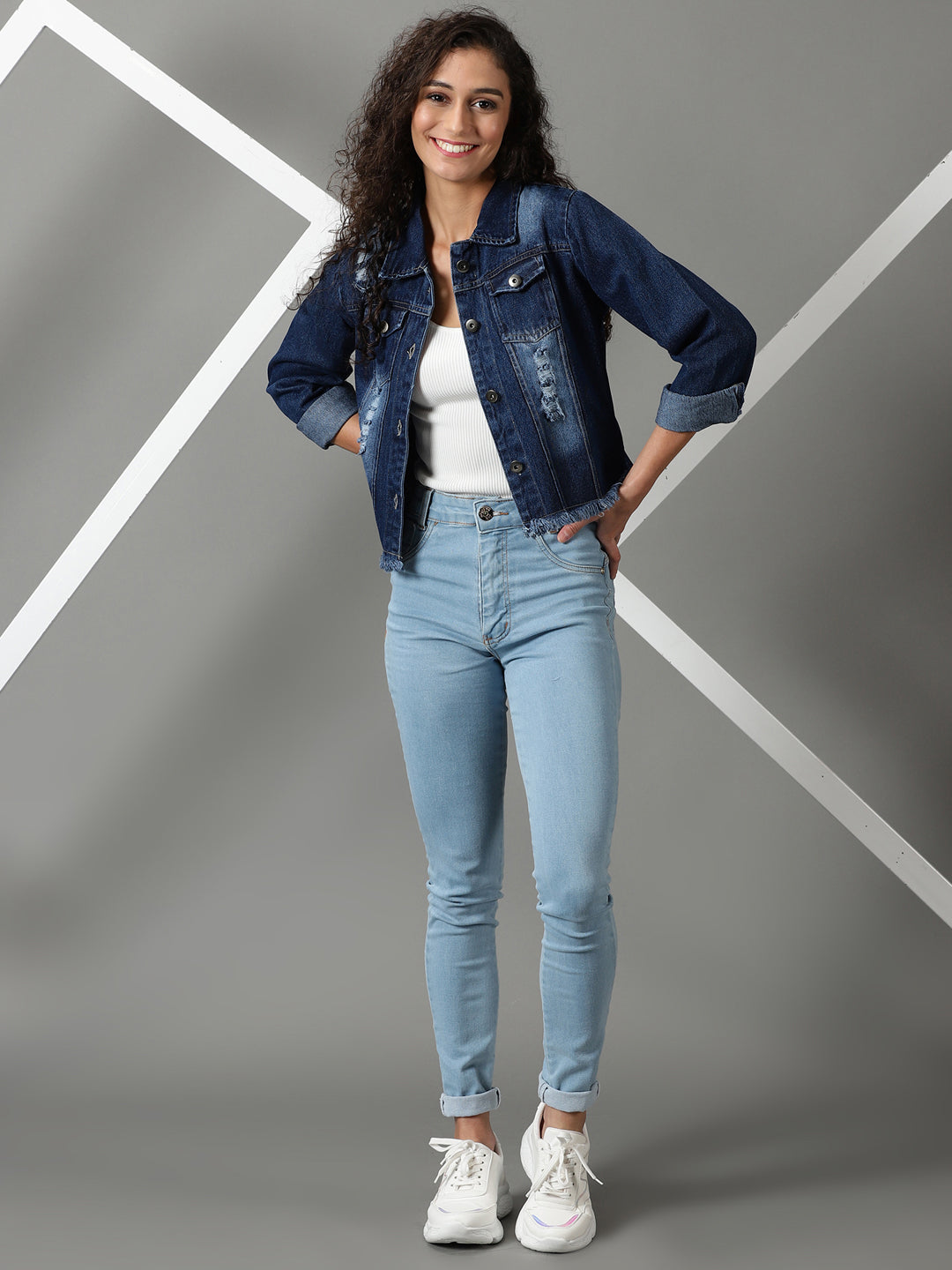 Women's Navy Blue Solid Denim Jacket