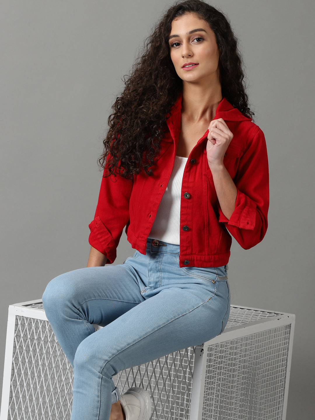 Women's Red Solid Denim Jacket
