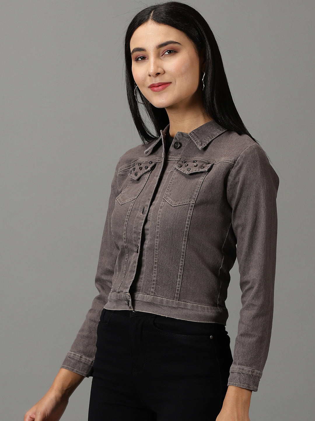 Women's Grey Solid Denim Jacket