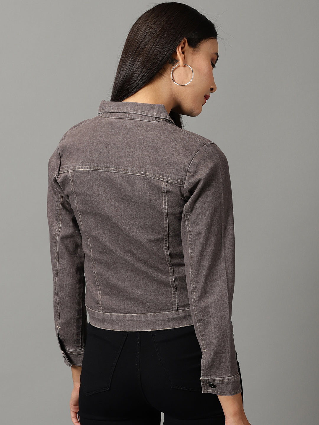 Women's Grey Solid Denim Jacket