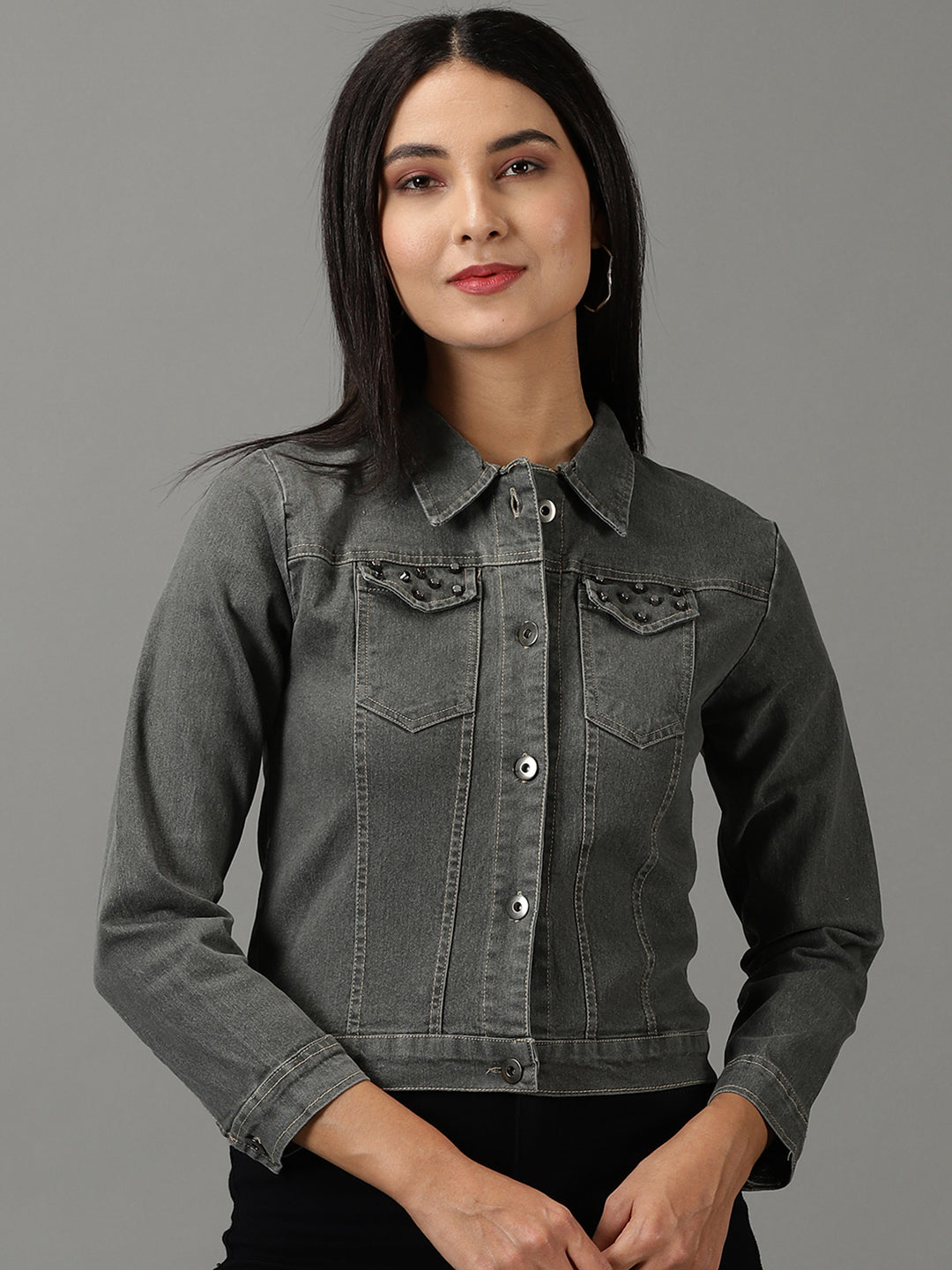 Women's Grey Solid Denim Jacket