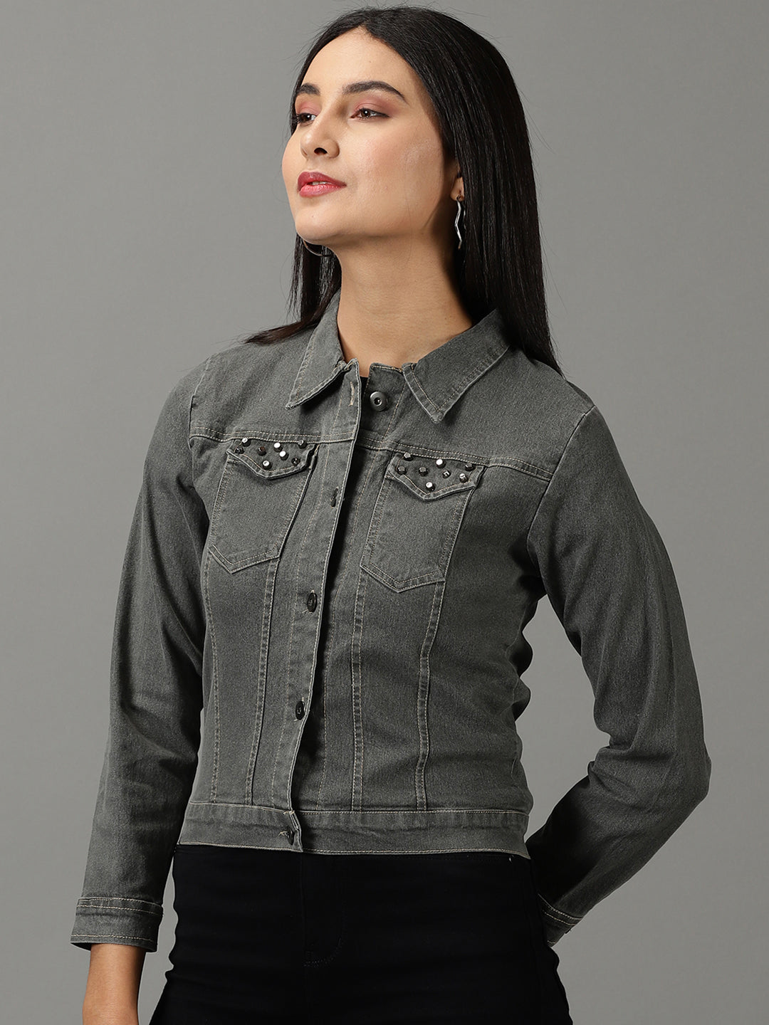 Women's Grey Solid Denim Jacket