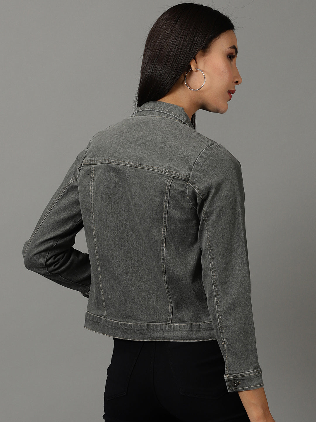 Women's Grey Solid Denim Jacket