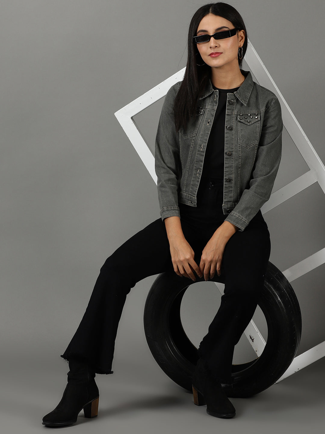 Women's Grey Solid Denim Jacket