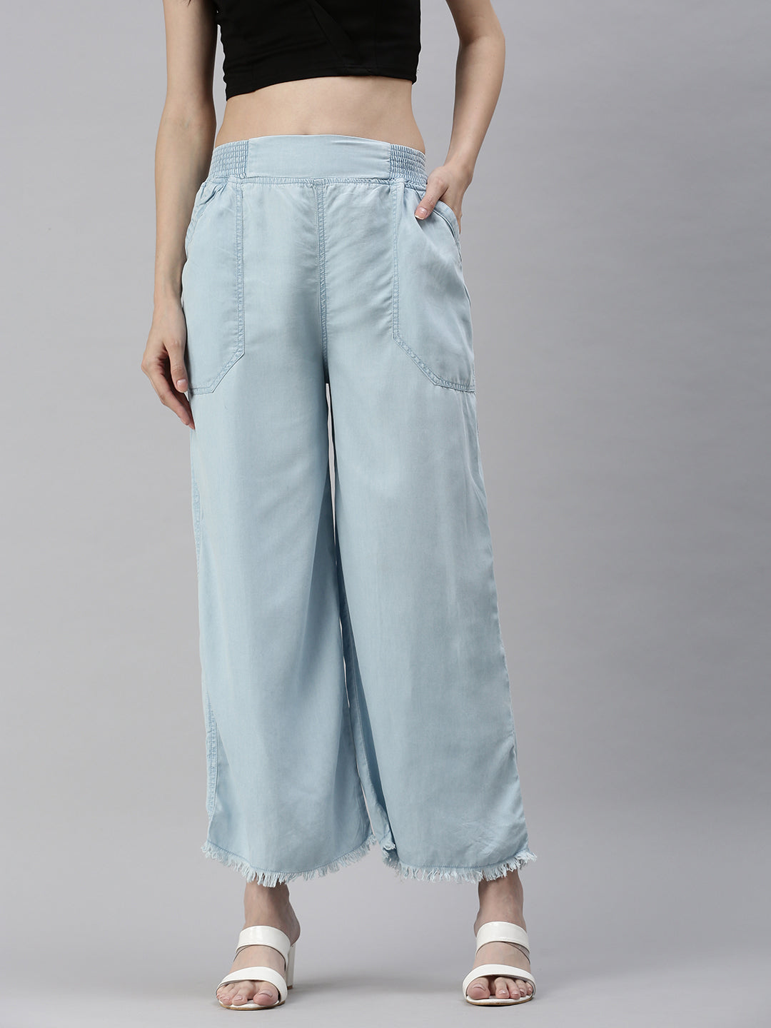 Women's Blue Solid Parallel Trouser