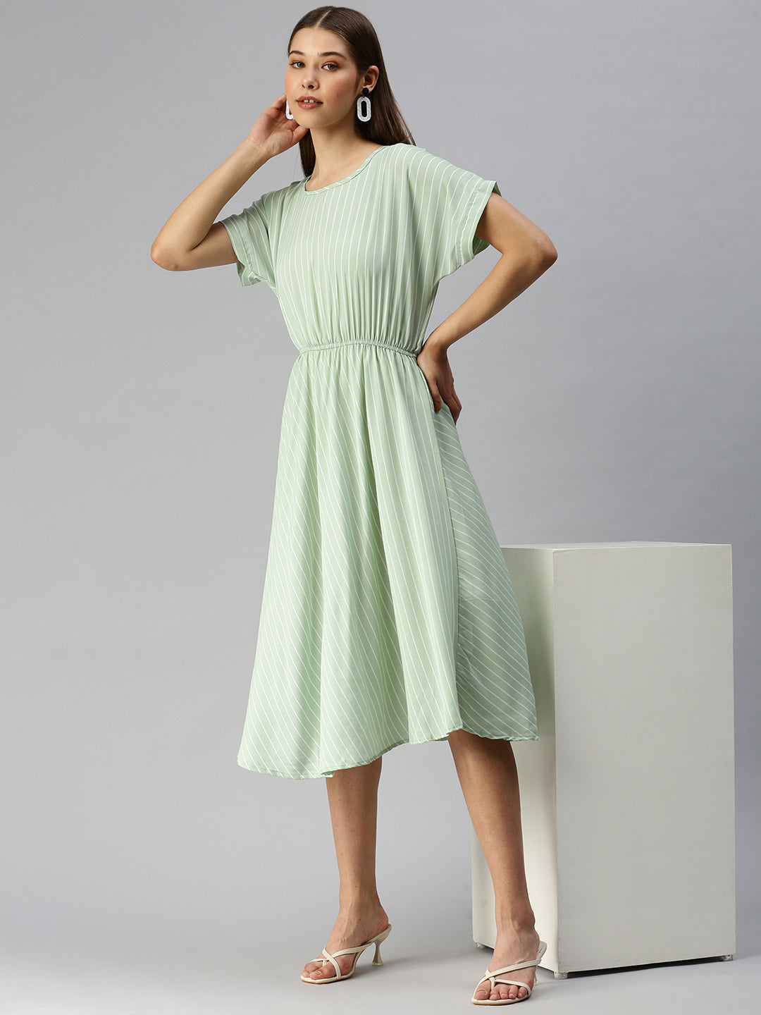 Women's Green Striped Fit and Flare Dress