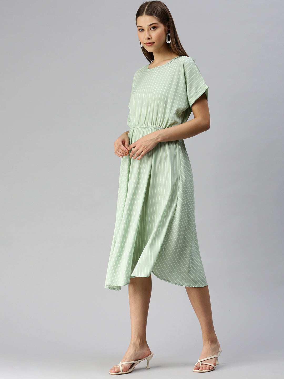 Women's Green Striped Fit and Flare Dress