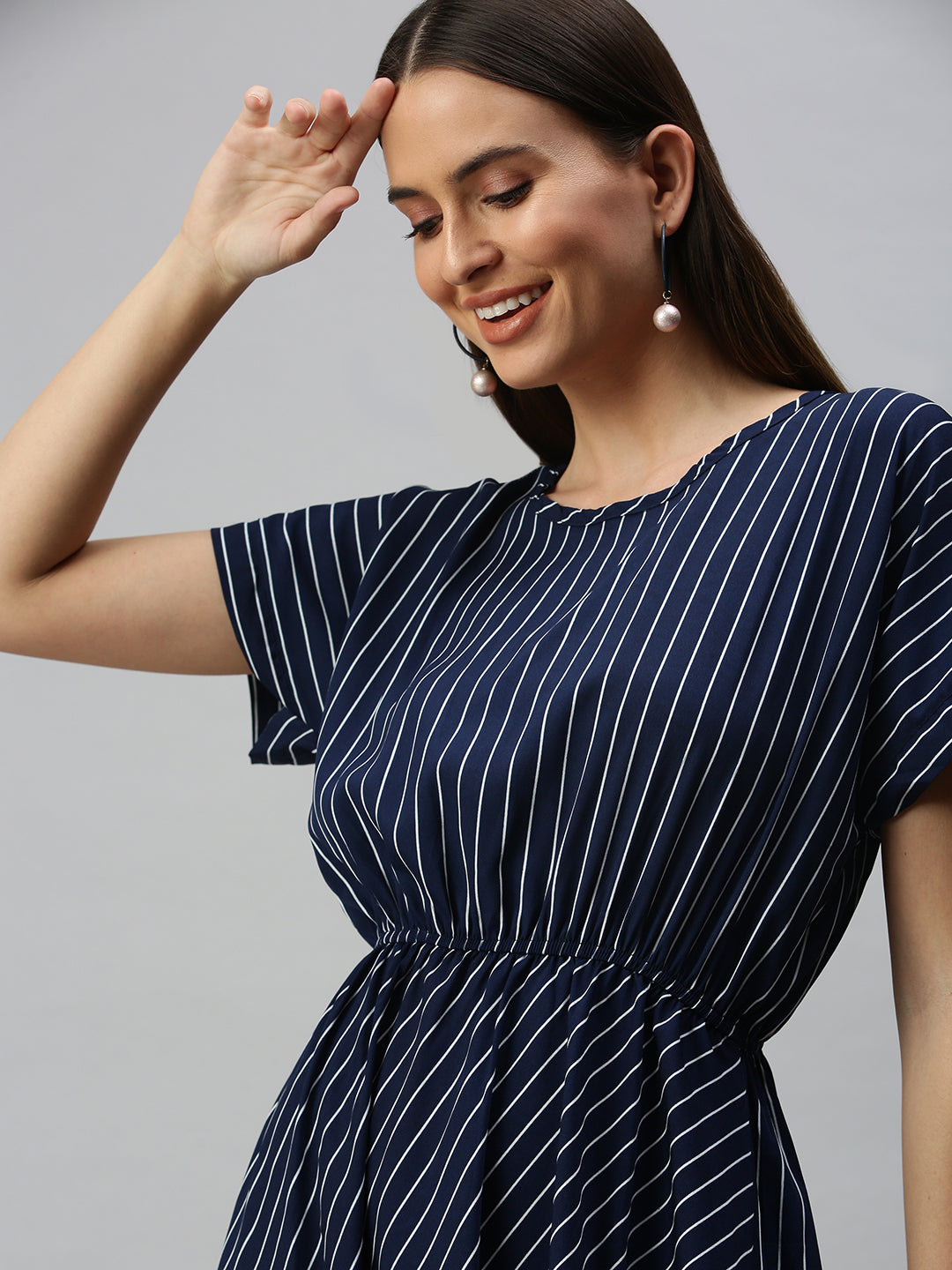 Women Navy Blue Striped A-Line Dress