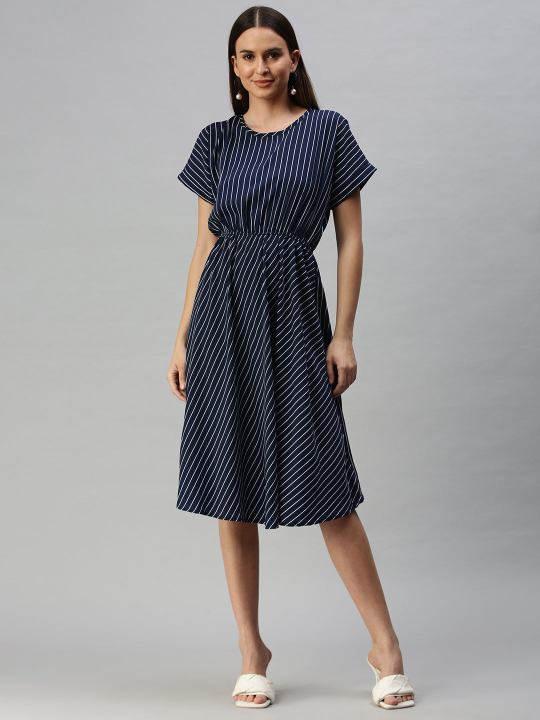 Women Navy Blue Striped A-Line Dress