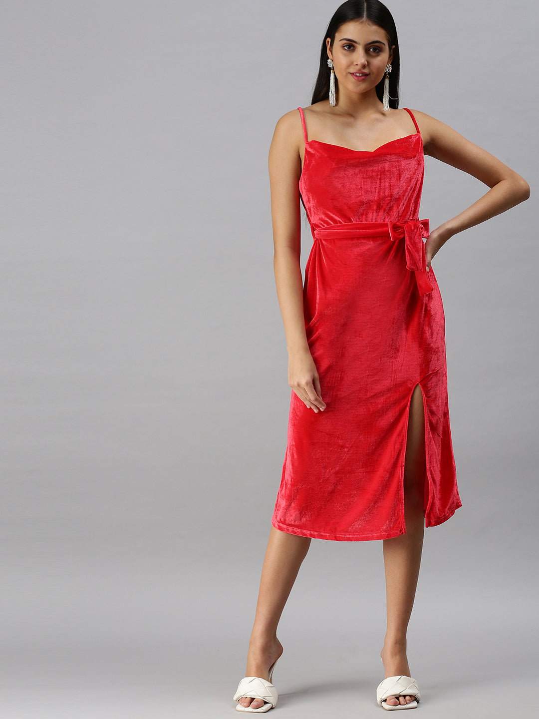 Women's A-Line Cowl Red Solid Dress