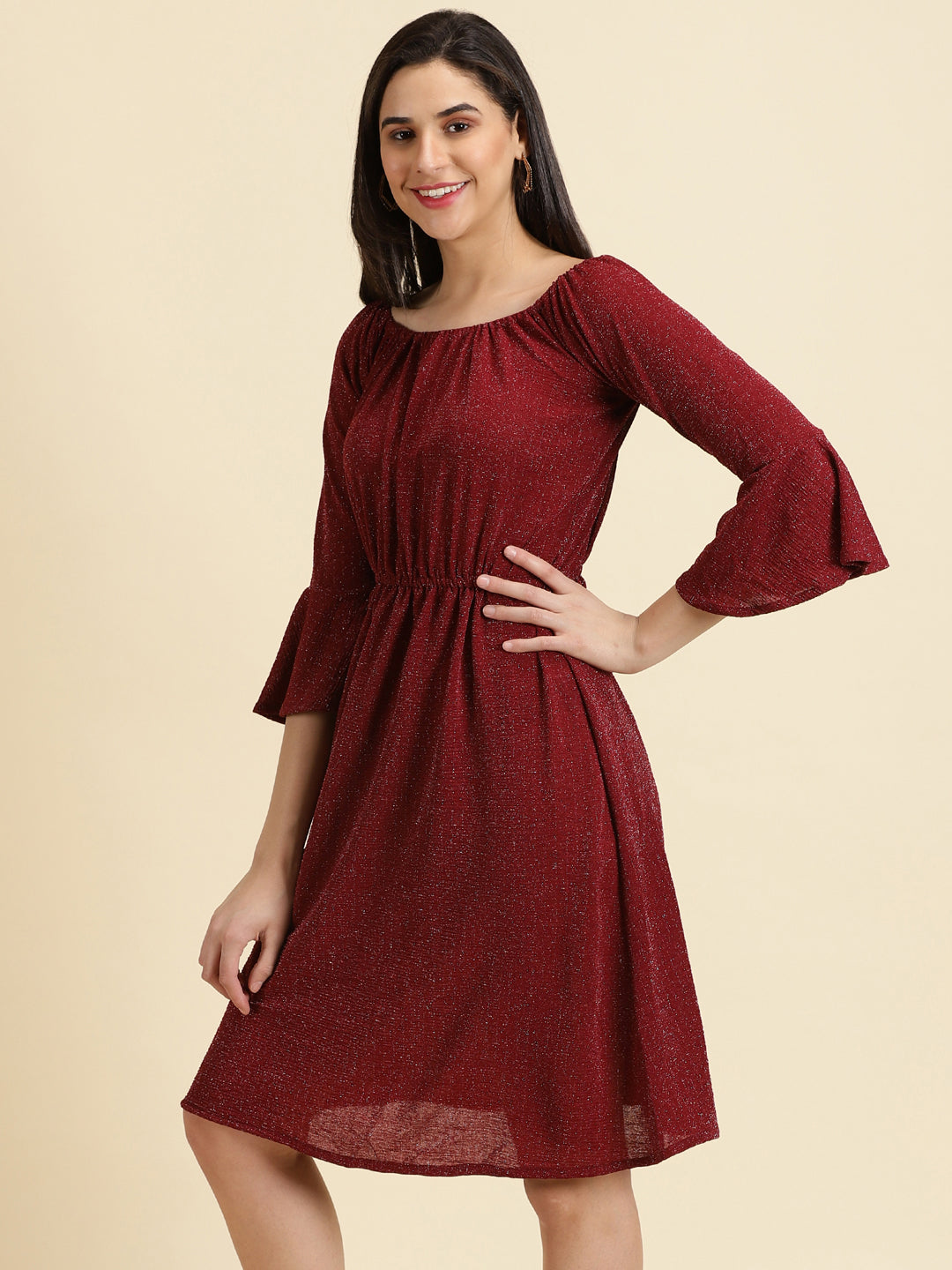 Women's Maroon Embellished Fit and Flare Dress
