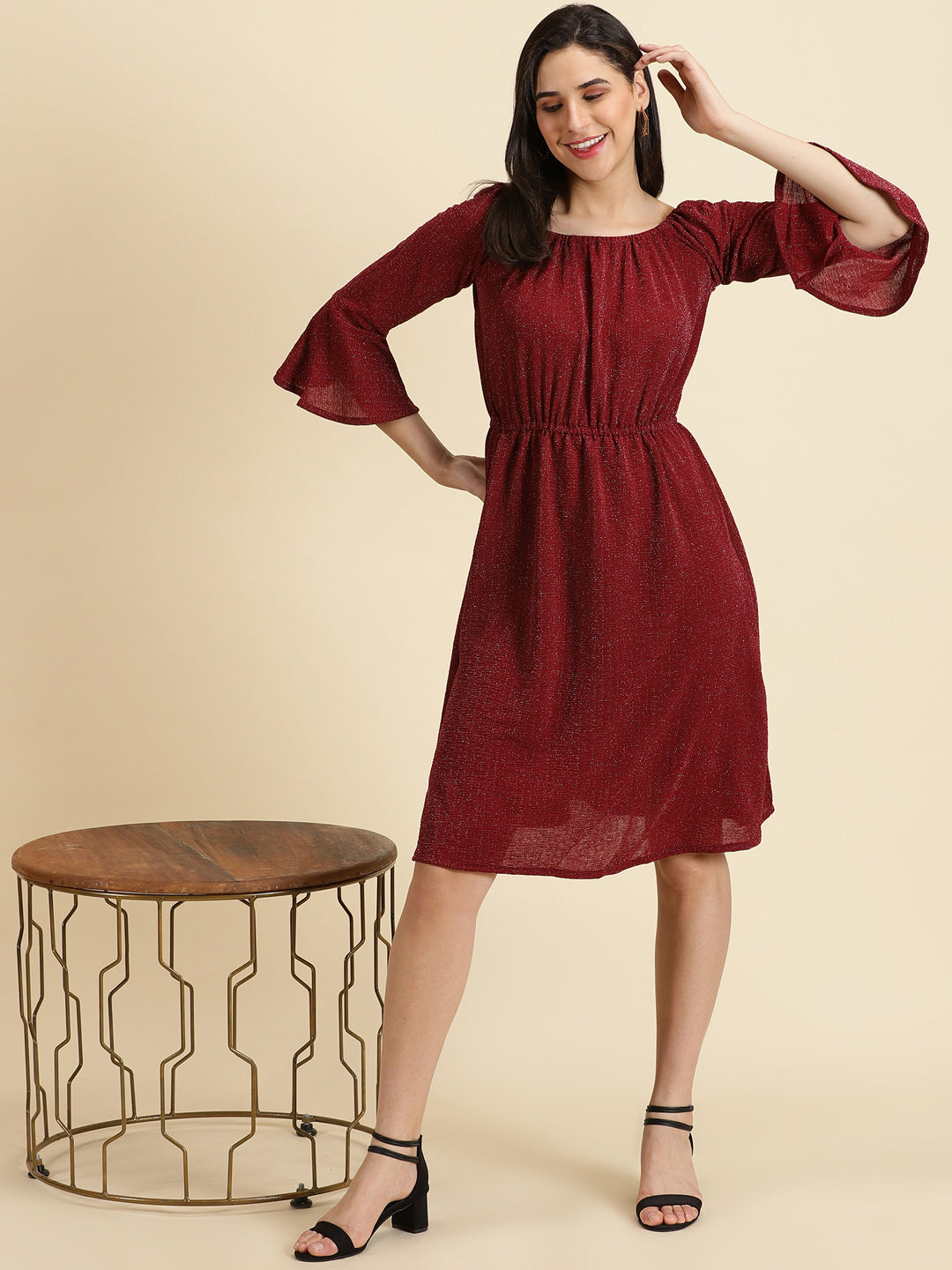 Women's Maroon Embellished Fit and Flare Dress