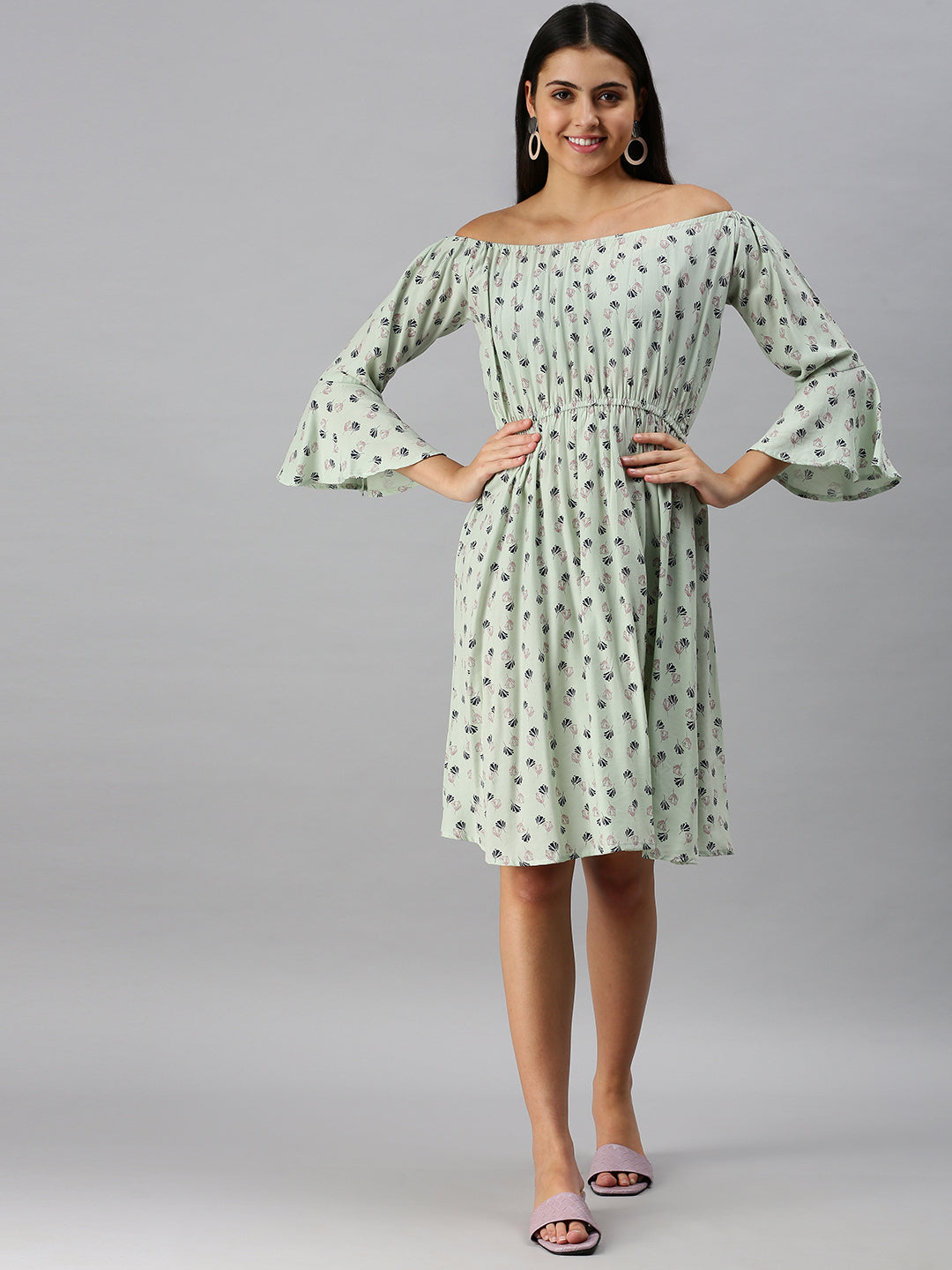 Women's A-Line Green Printed Dress
