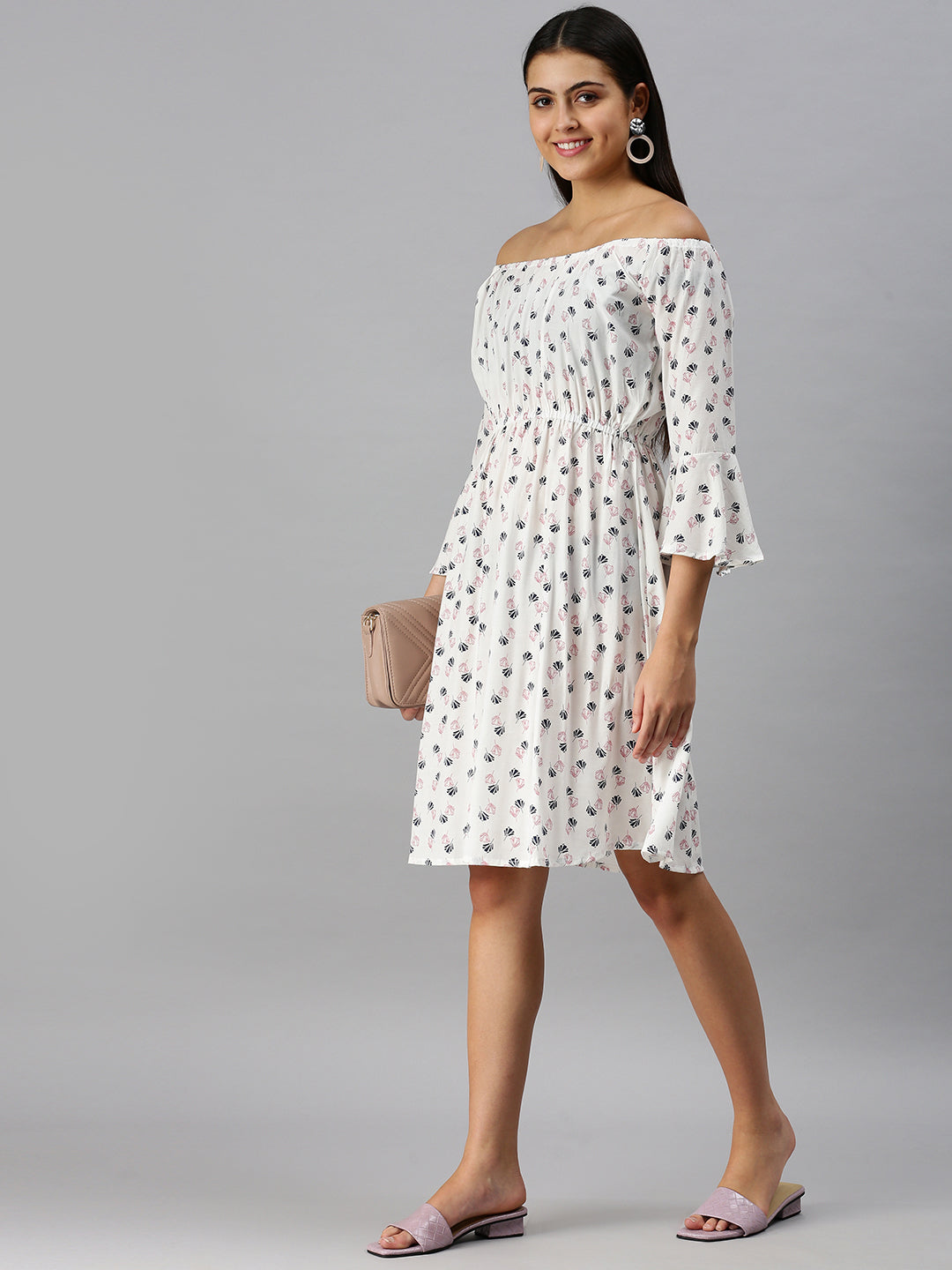 Women's A-Line White Printed Dress