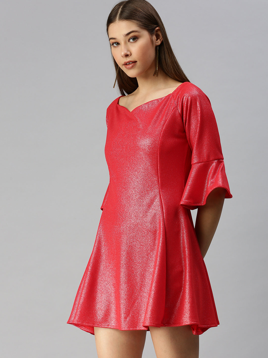Women Red Solid Fit and Flare Dress