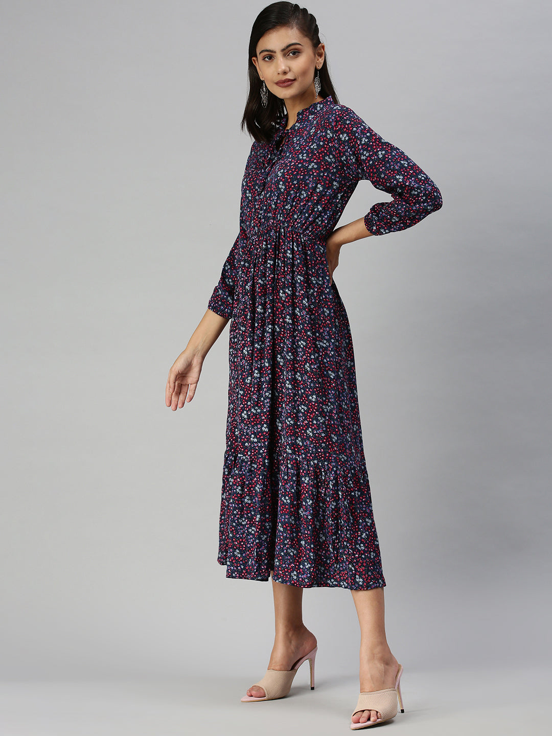 Women's Blue Printed Fit and Flare Dress