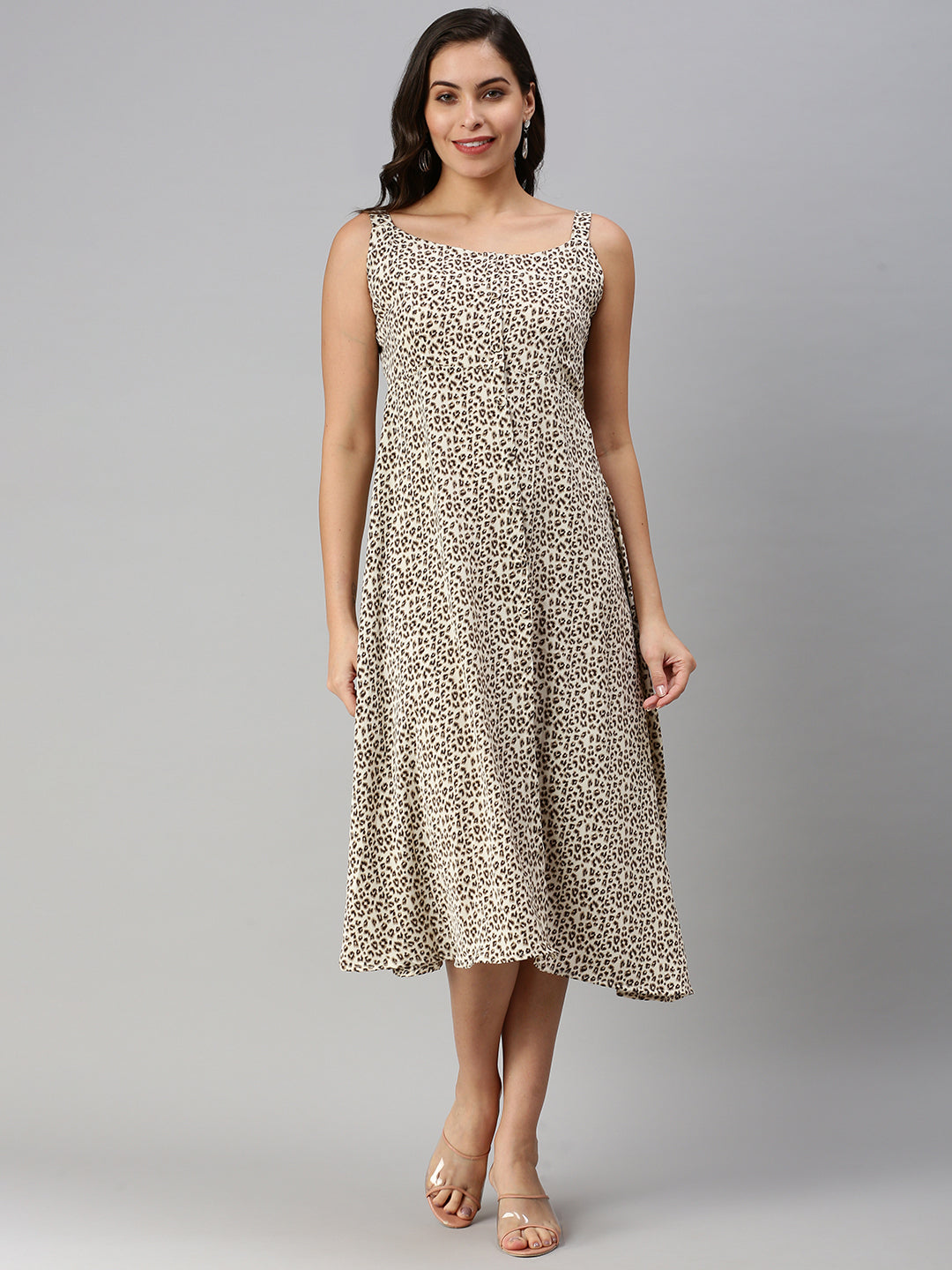 Women's Animal Beige Fit and Flare Dress
