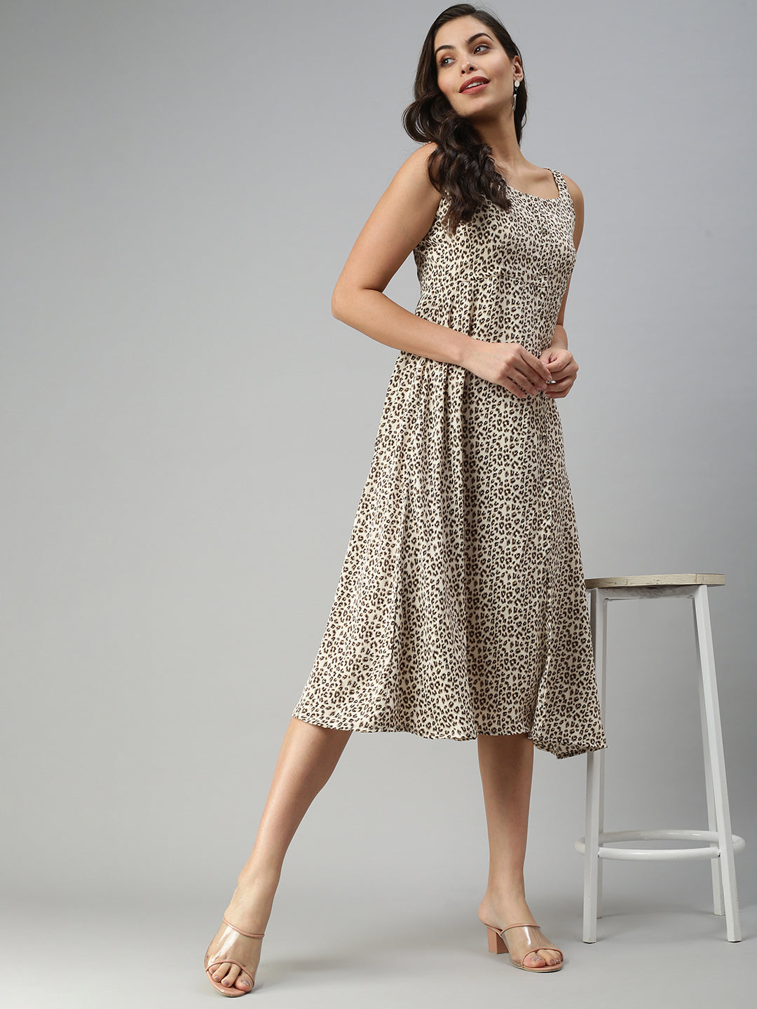 Women's Animal Beige Fit and Flare Dress