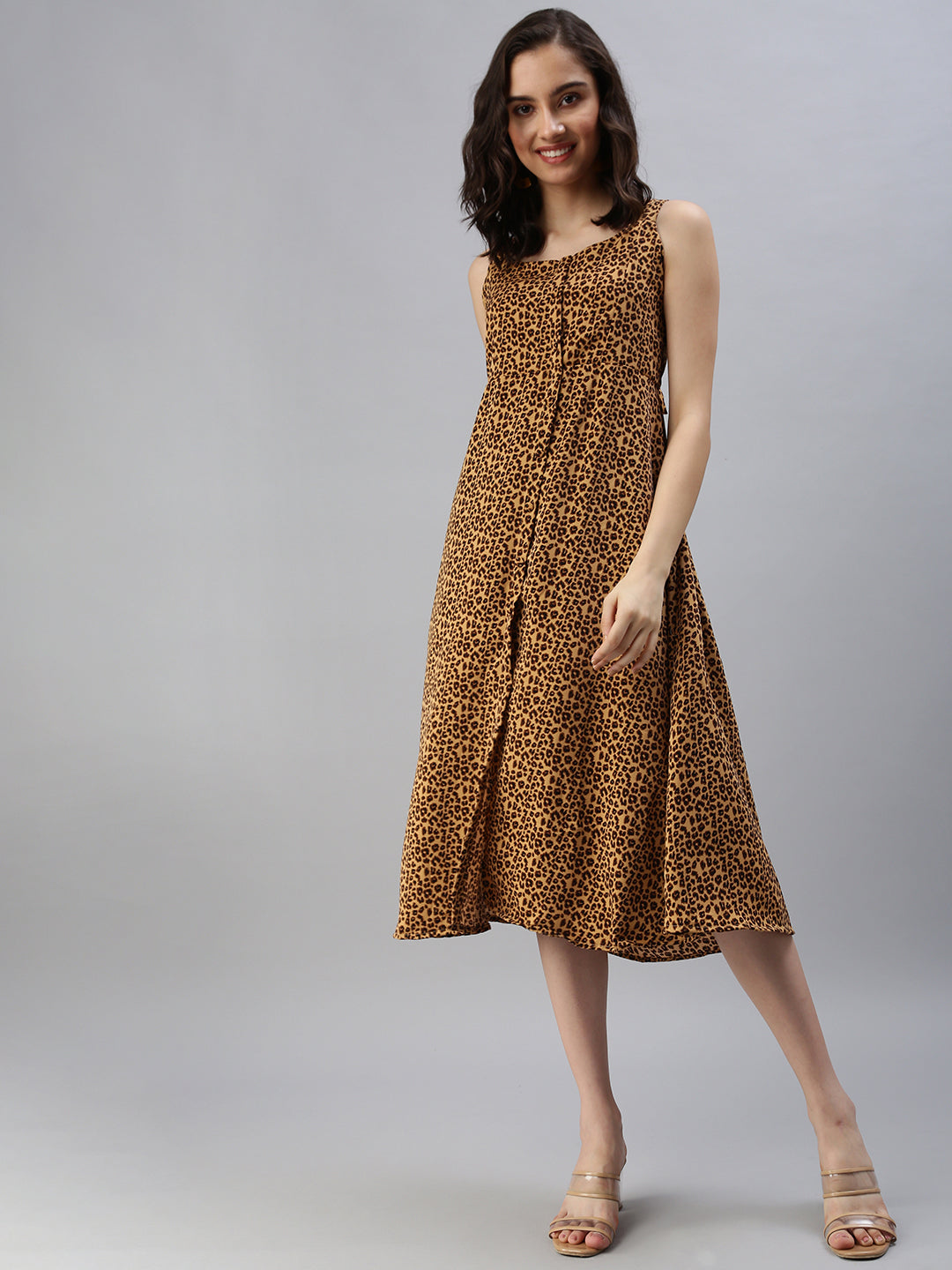 Women's Animal Camel Brown Fit and Flare Dress
