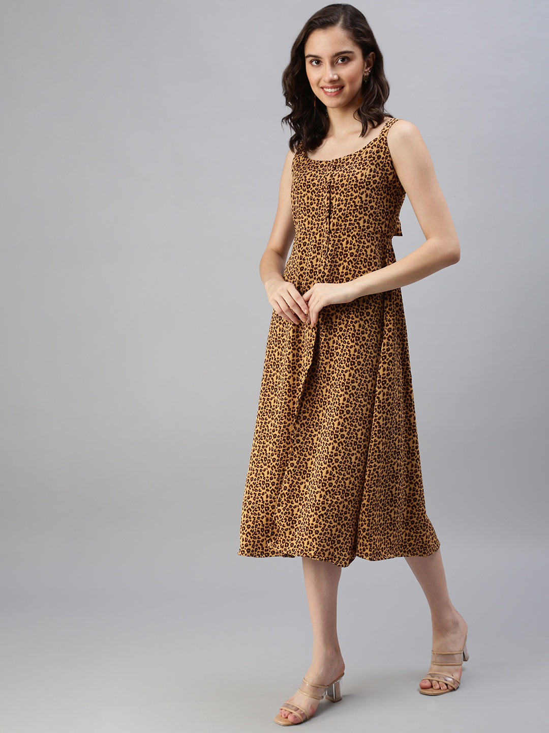 Women's Animal Camel Brown Fit and Flare Dress