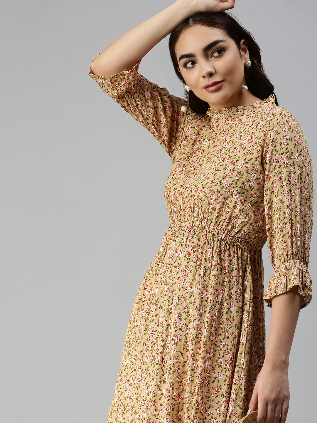 Women's Beige Floral A-Line Dress