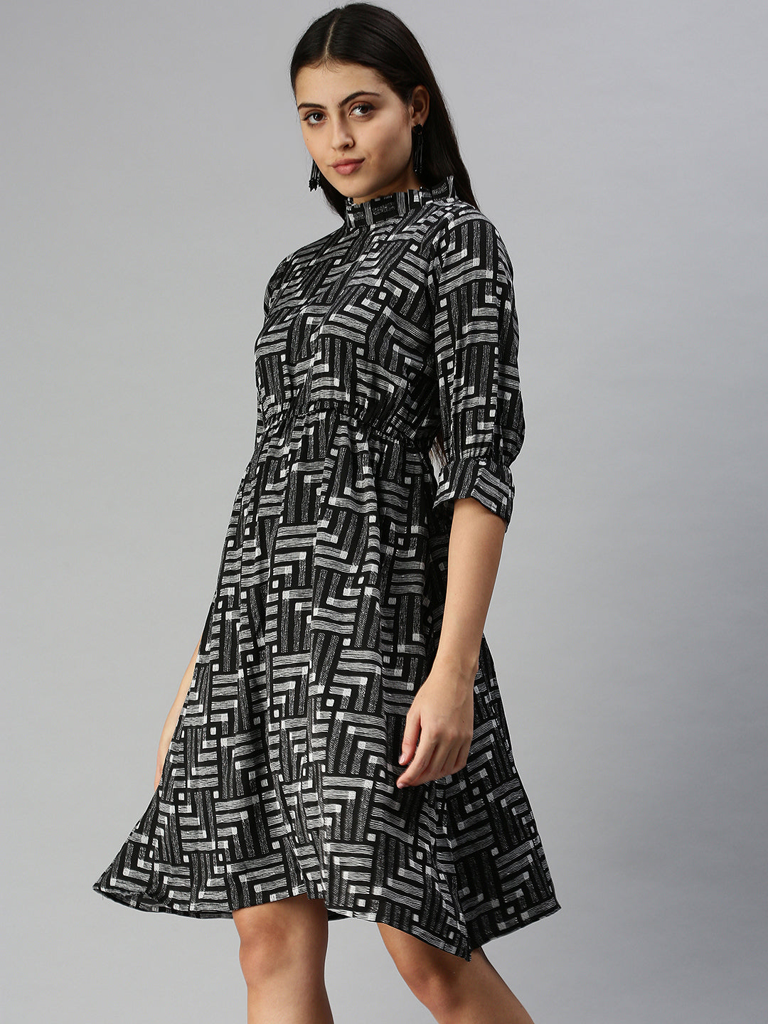 Women's Black Geometric A-Line Dress