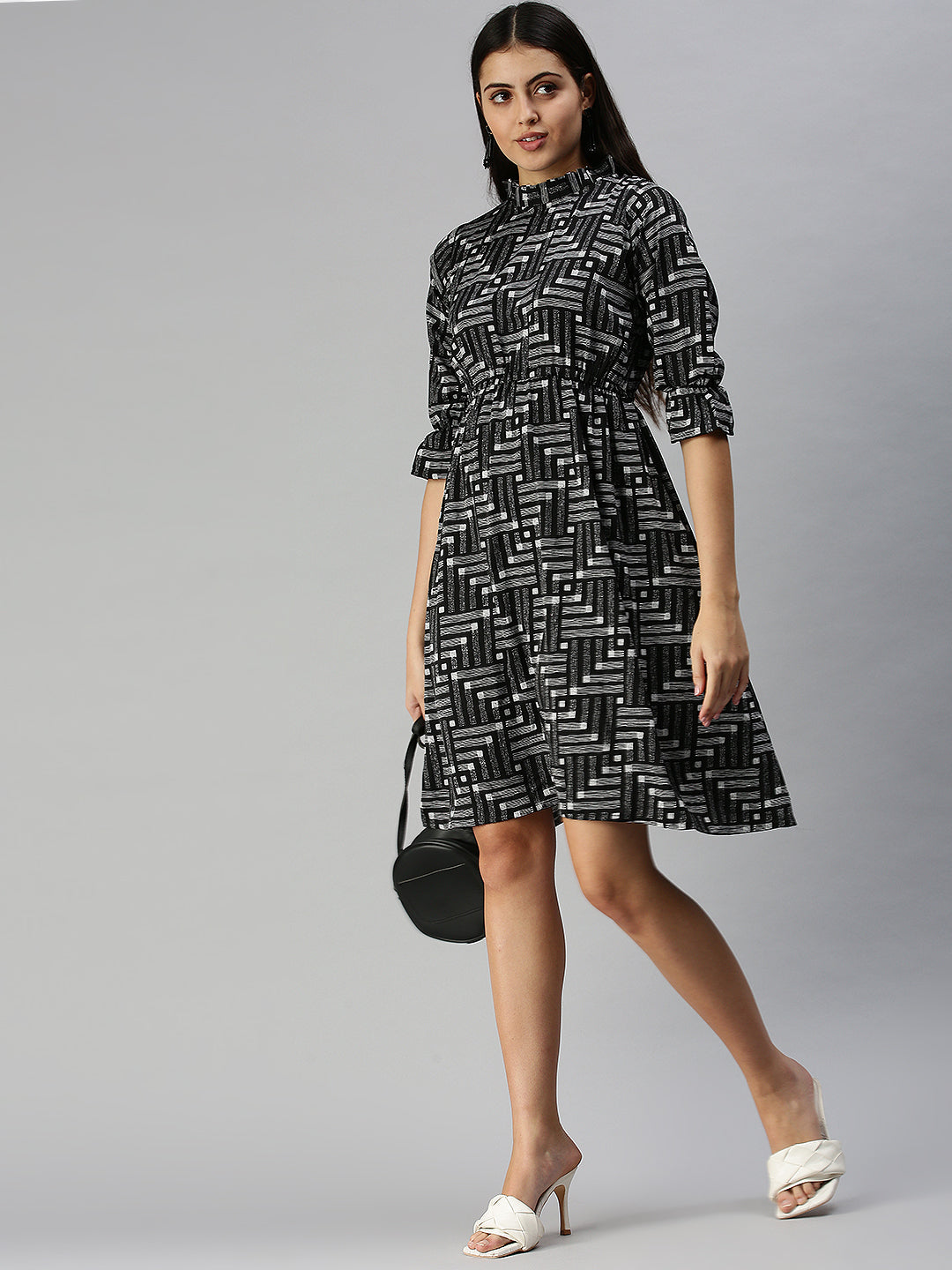 Women's Black Geometric A-Line Dress
